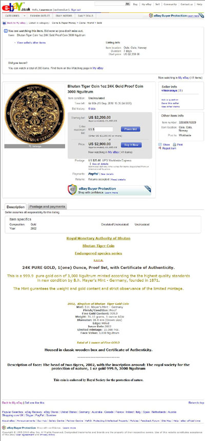 vittesvaraya eBay Listing Using our 2003 Bhutan Gold Proof 1000 Ngultrum Photograph
